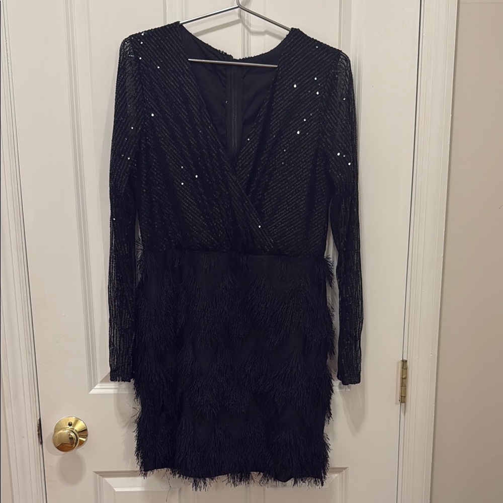 Elegant Black Long-Sleeve Sequin & Feather Party Dress